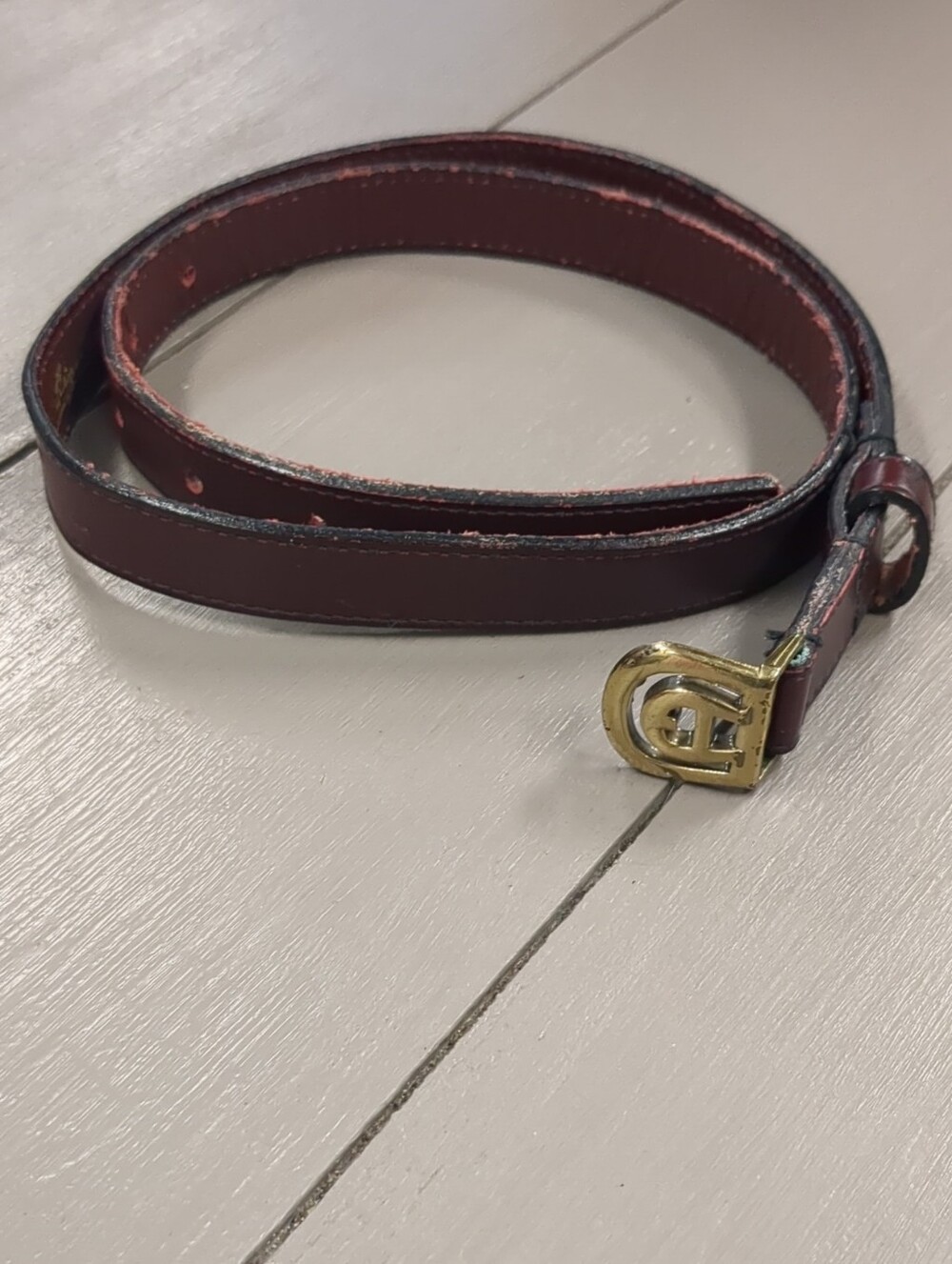 Etienne Aigner Burgundy Leather Belt with Gold Aigner Logo Buckle
